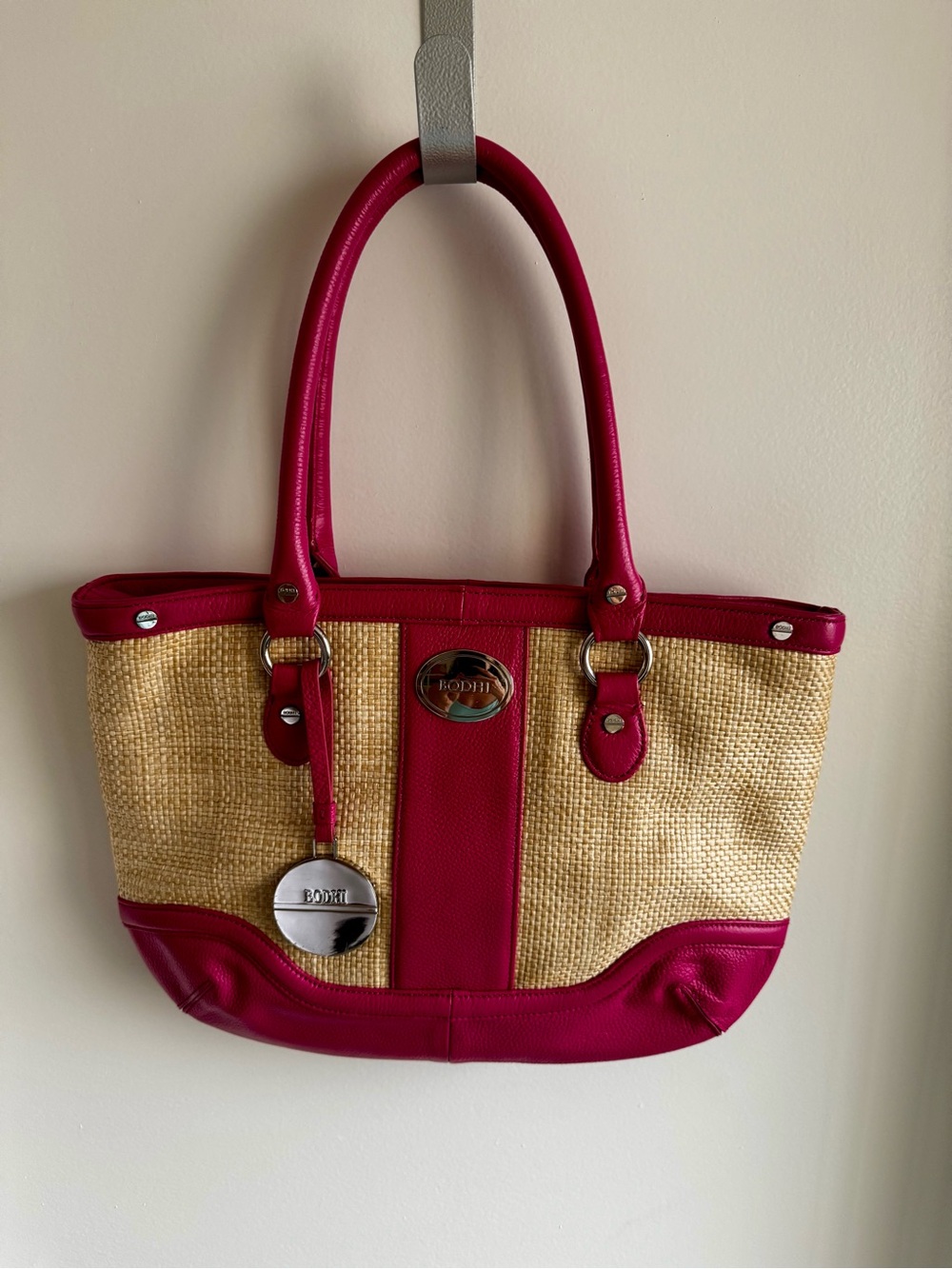 BODHI Natural Straw Tote with Fuchsia Trim